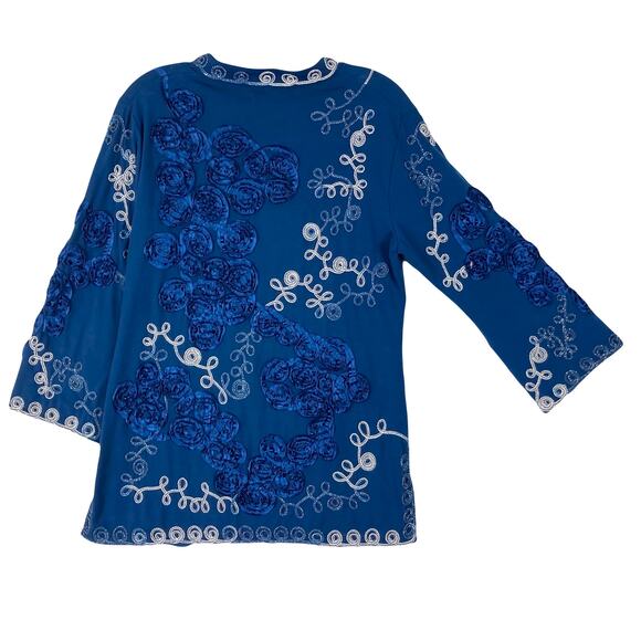 Nwot ONCE AGAIN Top M Blue Embroidery Silver Ribbon-Soutache-Floral Long-Sleeve - Picture 2 of 10